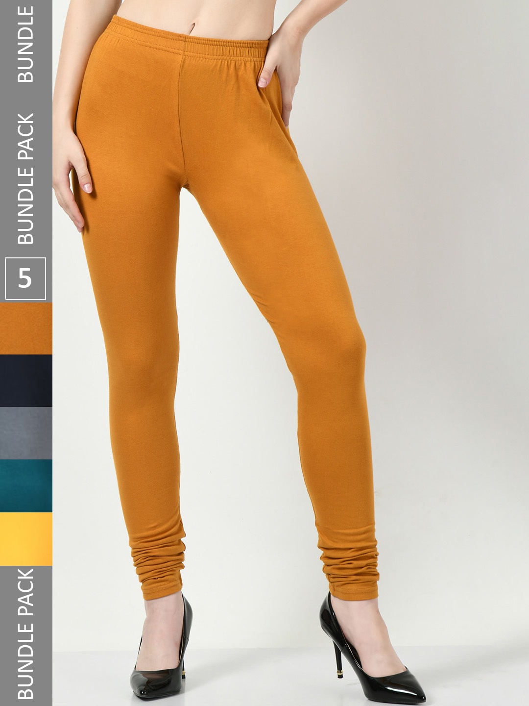 

BAESD Pack Of 5 Slim-Fit Churidar-Length Cotton Lycra Leggings, Yellow