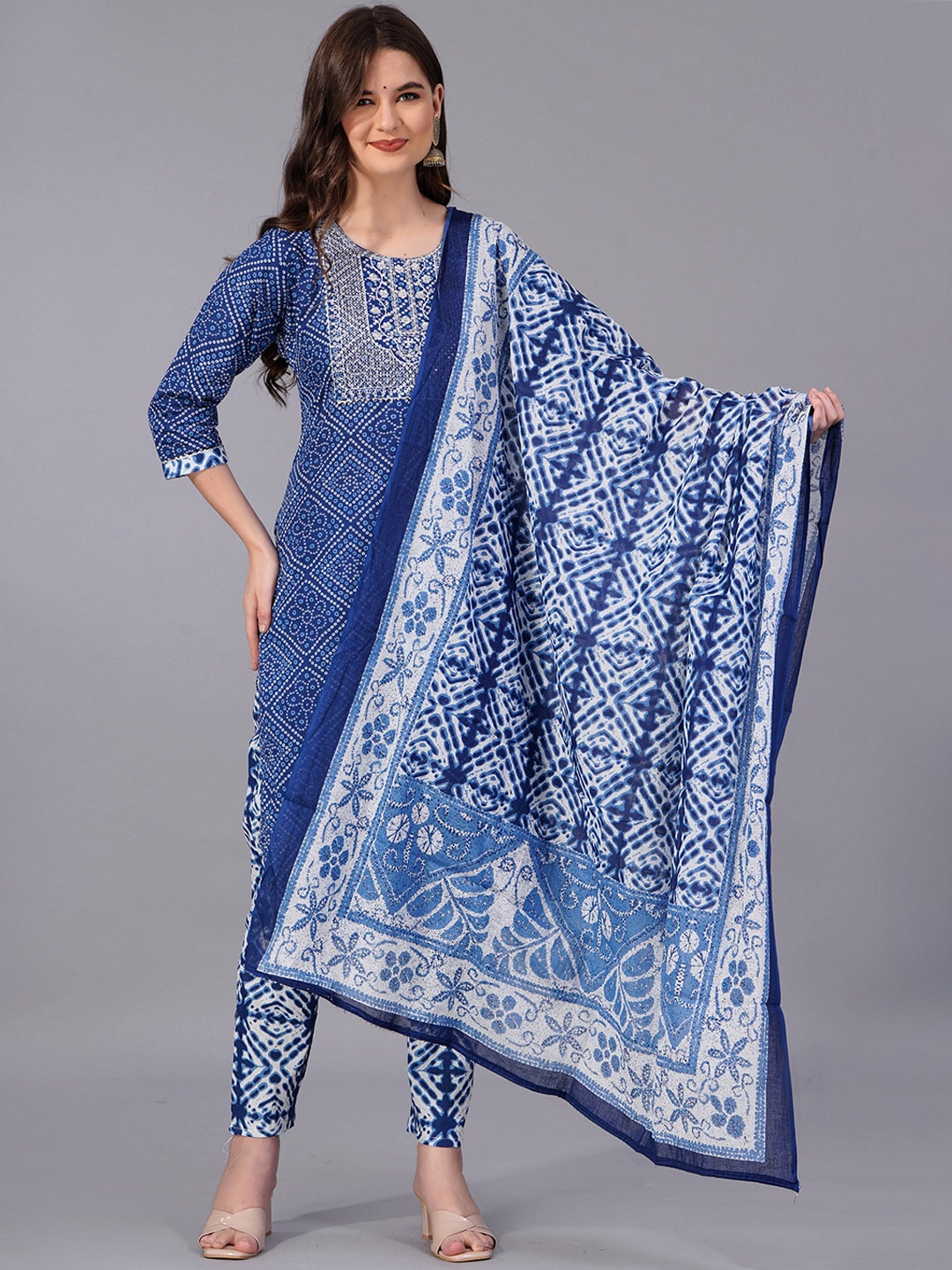 

KALINI Floral Printed Kantha Work Pure Cotton Kurta with Trousers & With Dupatta, Blue