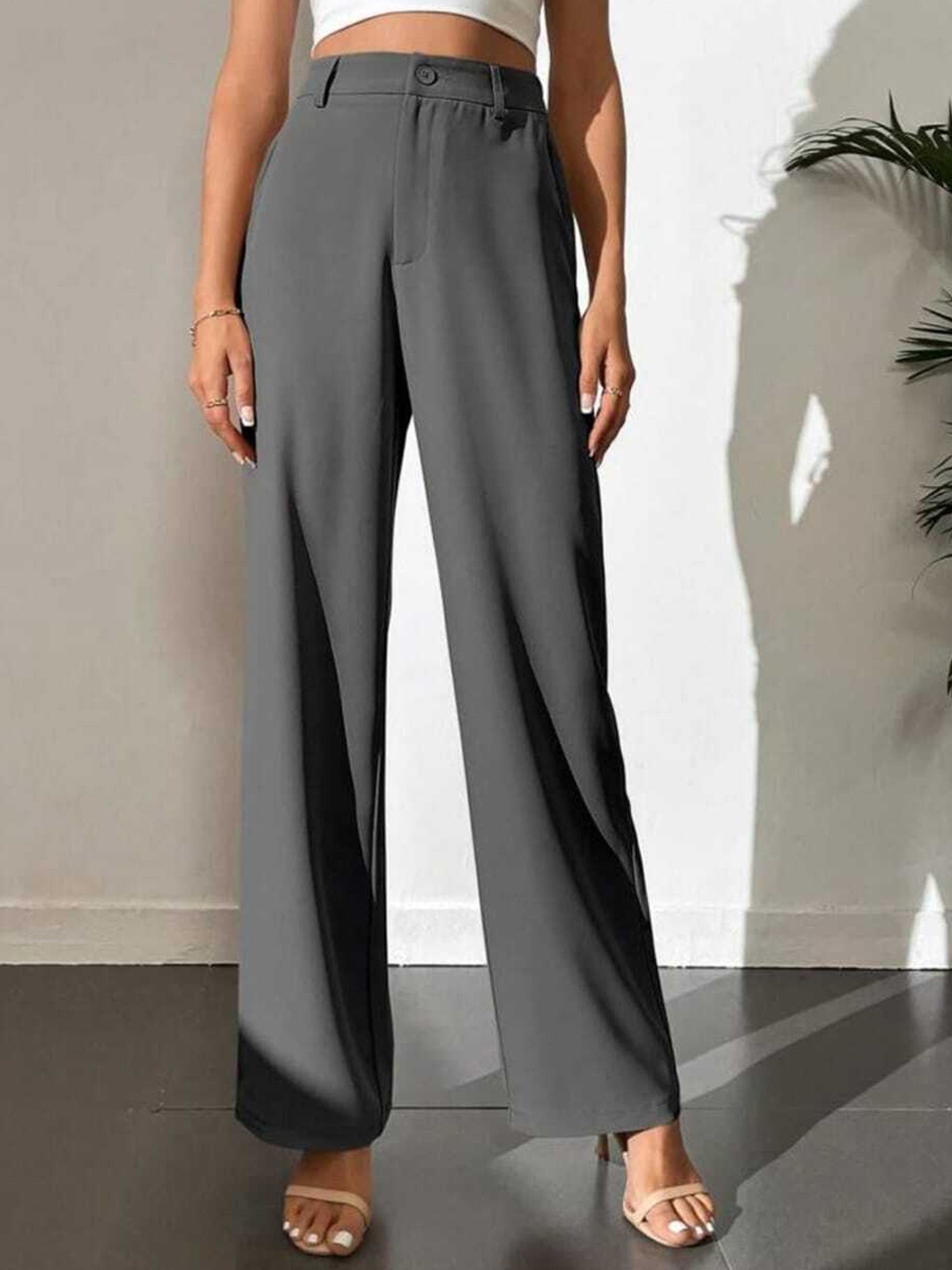 

Next One Women Smart Loose Fit High-Rise Easy Wash Formal Trousers, Grey