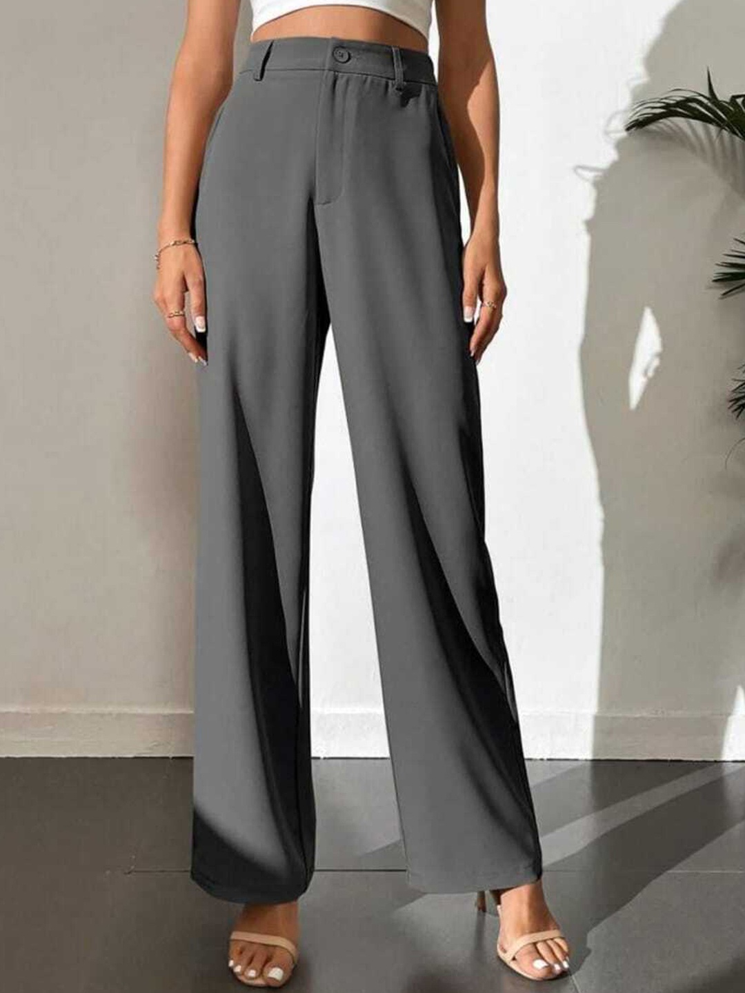 

Next One Women Smart Loose Fit High-Rise Easy Wash Formal Trousers, Grey