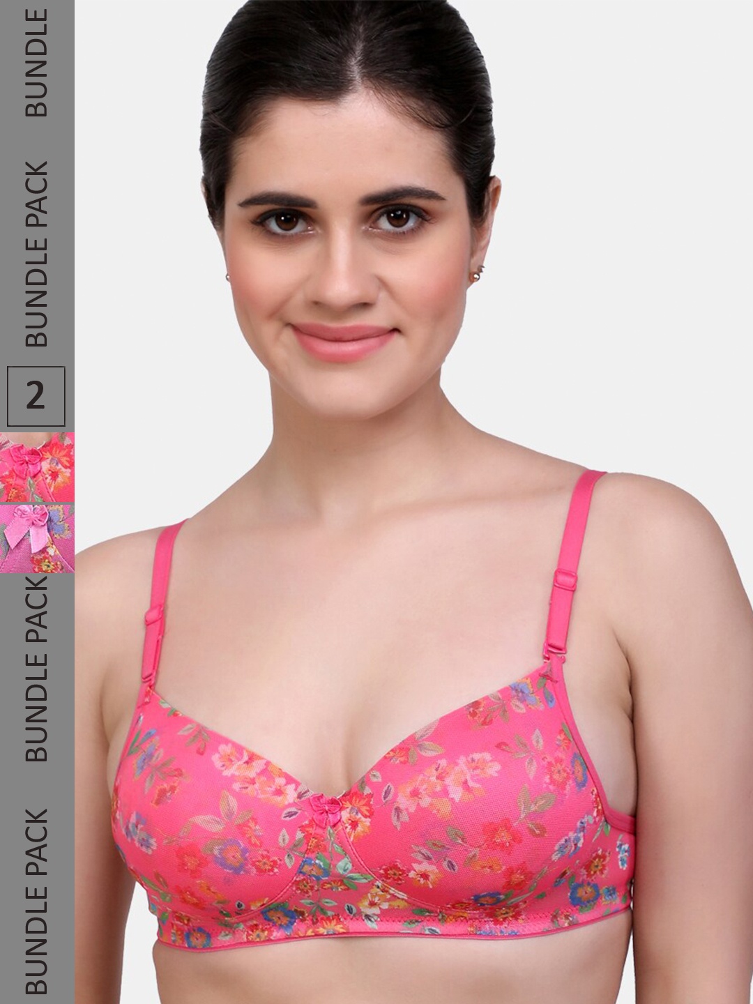 

MAROON Pack of 2 Floral Printed Half Coverage Heavily Padded T-Shirt Bra, Pink