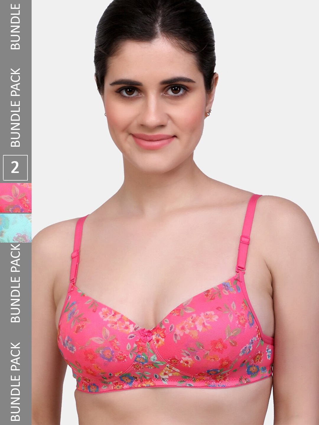 

MAROON Pack of 2 Floral Printed Seamless Bra with Half Coverage Heavily Padded, Pink