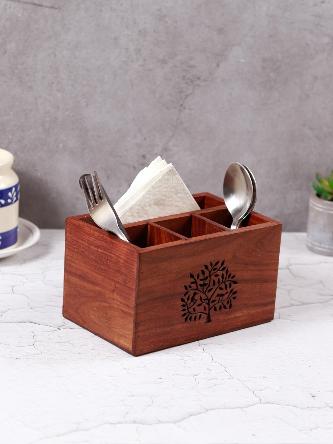 

Unravel India Brown Wooden Cutlery Holder