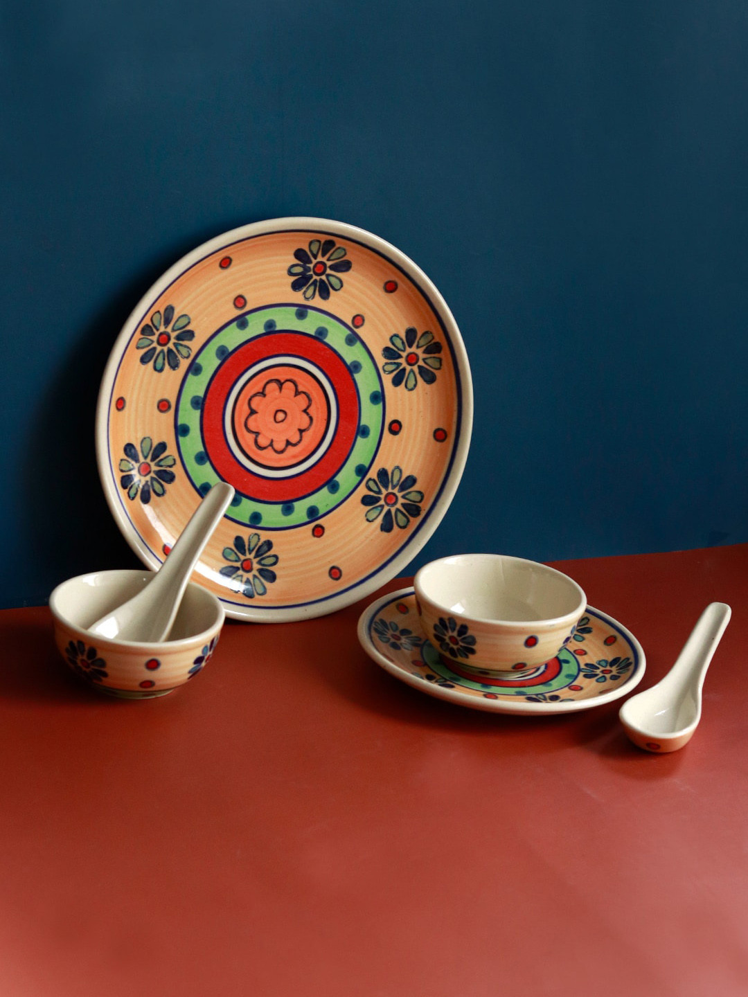 

Unravel India Orange & Green 6-Pcs Printed Ceramic Glossy Dinner Set
