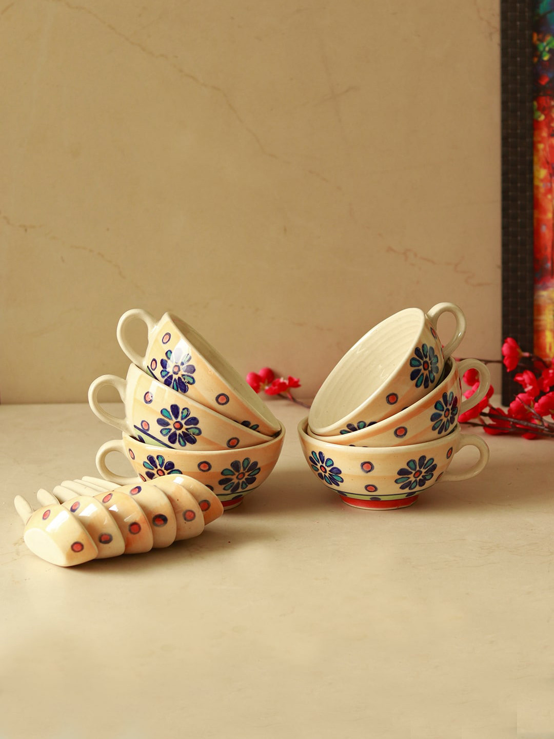 

Unravel India Flower Petal 12-Pcs Off White Ceramic Soup Bowl & Spoon