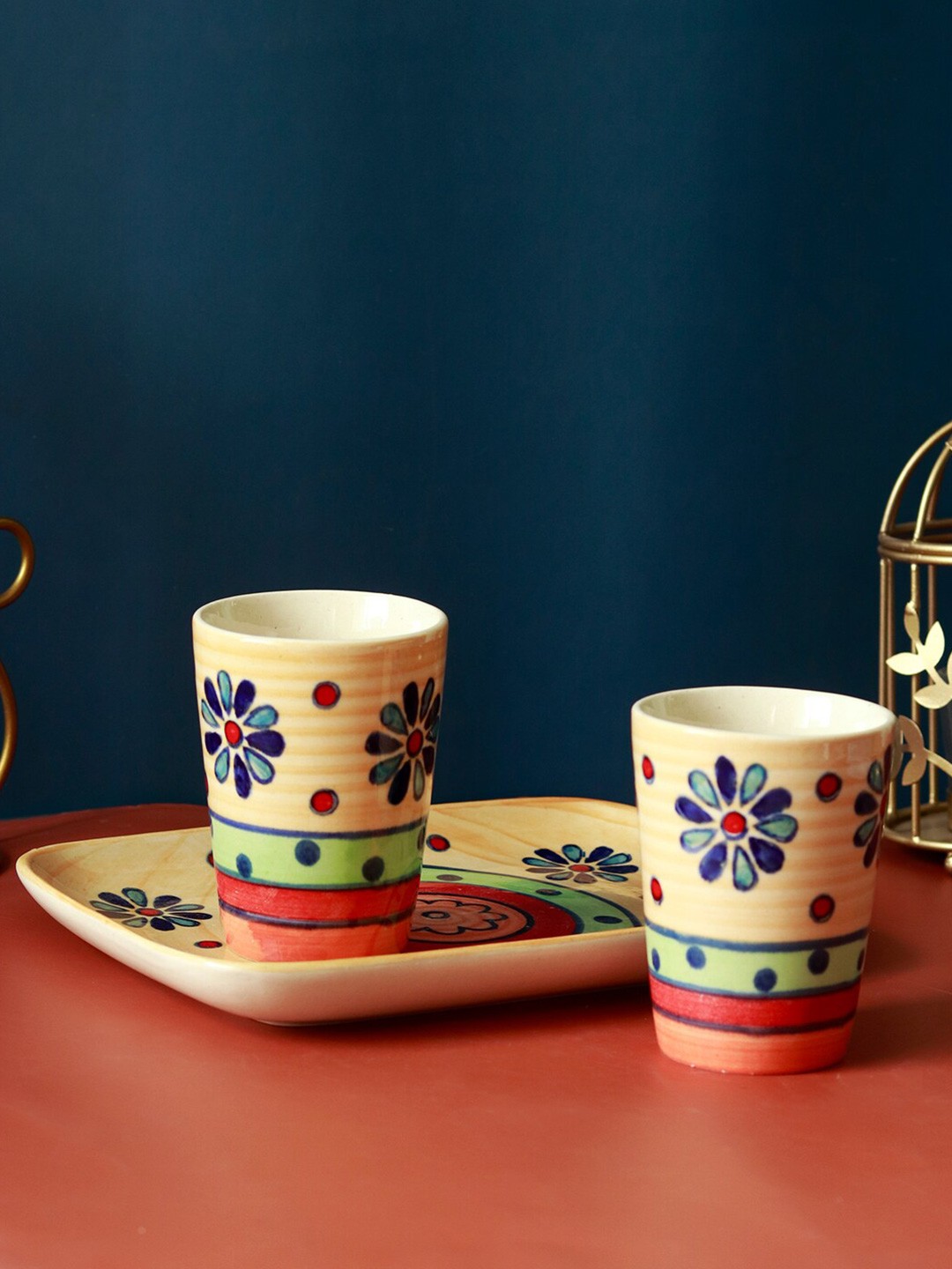

Unravel India 2 Pcs Yellow & Blue Hand Painted Ceramic Matte Mug with 1 Tray