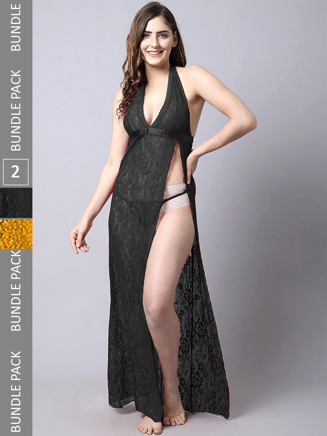 

PIBU Pack of 2 Halter Neck Net Baby Doll, Black