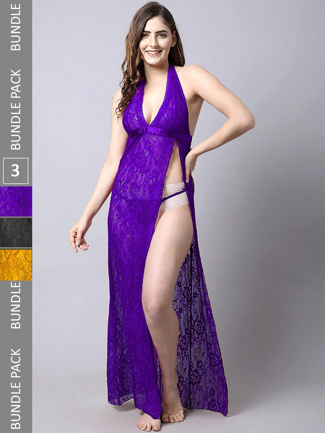 

PIBU Pack of 3 Halter Neck Net Baby Doll, Purple
