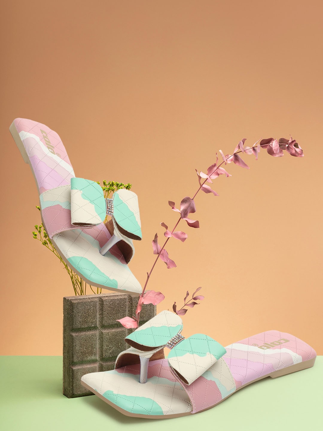 

Colo Printed Open Toe Flats With Bows, Green