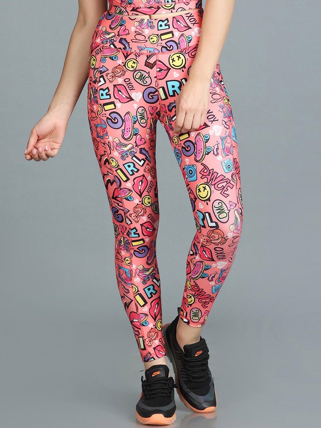 

The Dance Bible Women Printed High Waist Ankle Length Sports Tights, Pink