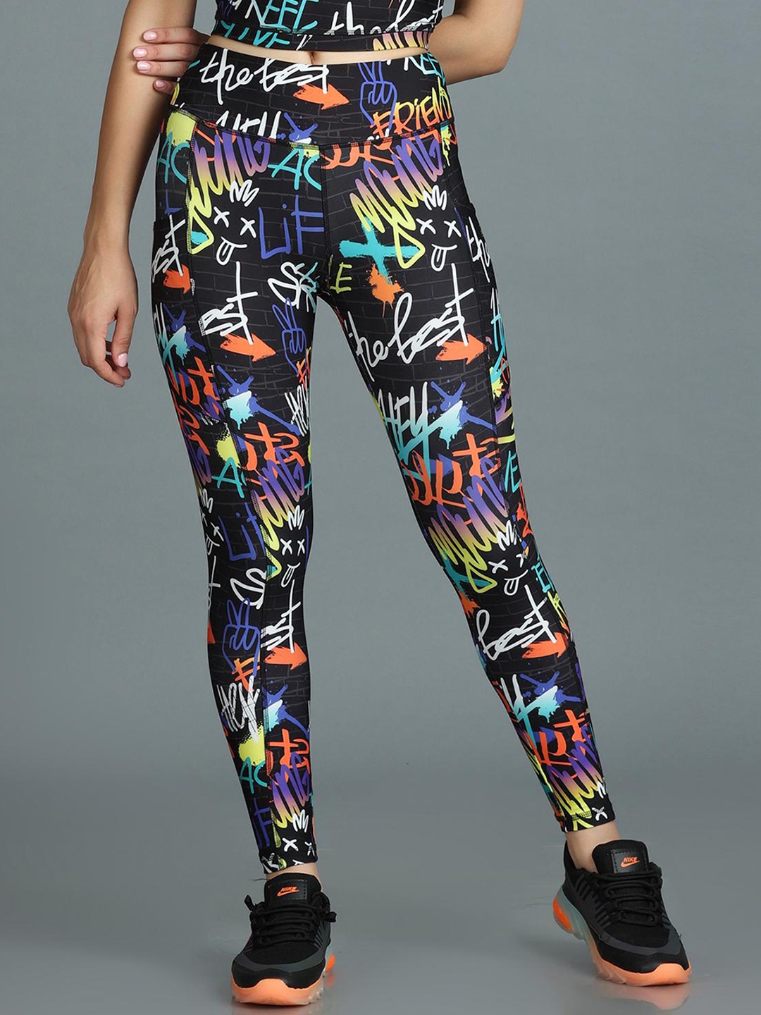 

The Dance Bible Women Printed High Waist Ankle Length Sports Tights, Black
