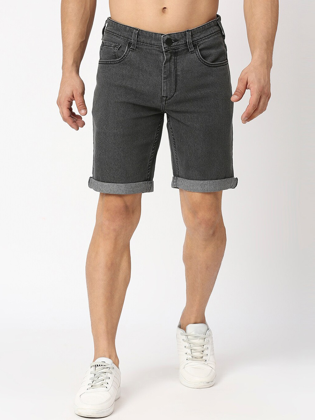 

HERE&NOW Men Mid Rise Slim Fit Denim Shorts, Grey