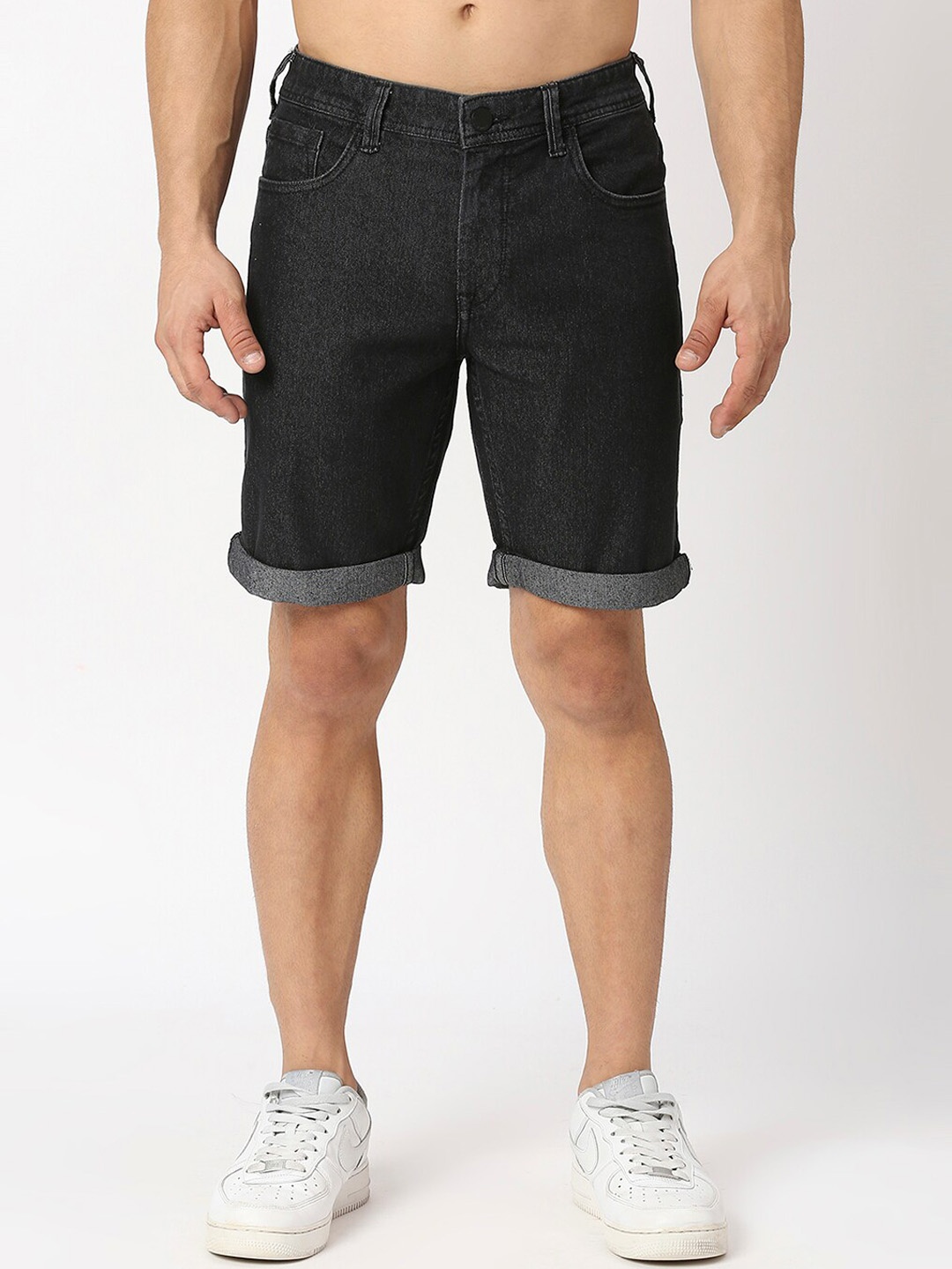 

HERE&NOW Men Mid Rise Slim Fit Denim Shorts, Black