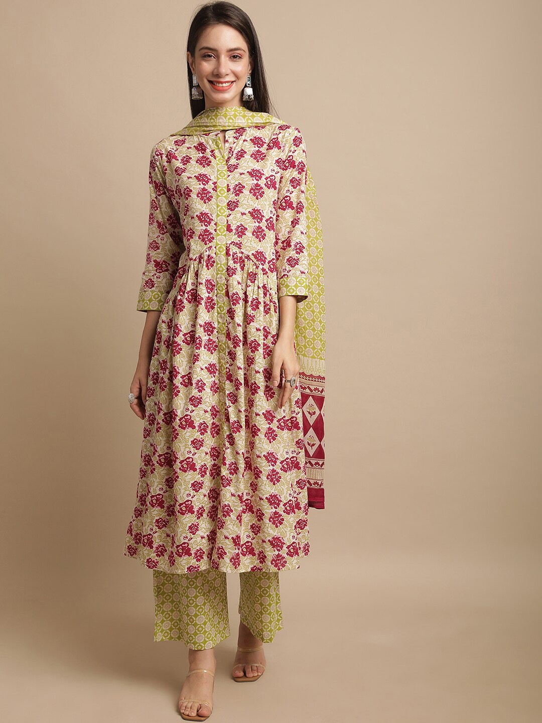 

KALINI Floral Printed A-Line Pure Cotton Kurta with Palazzos & With Dupatta, Green