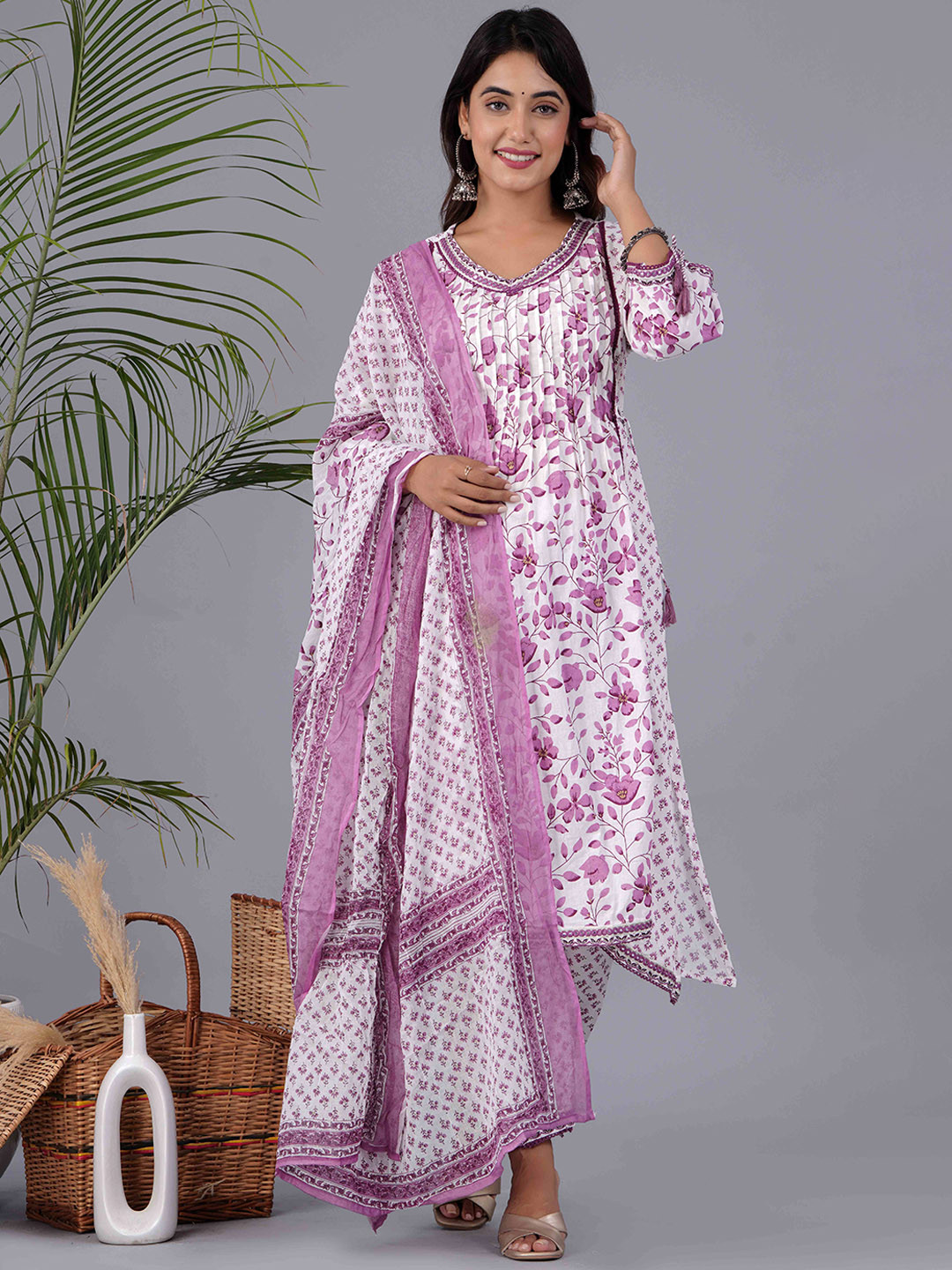 

PARCHHAI Floral Printed Pleated Mirror Work Pure Cotton Kurta with Trousers & With Dupatta, Purple
