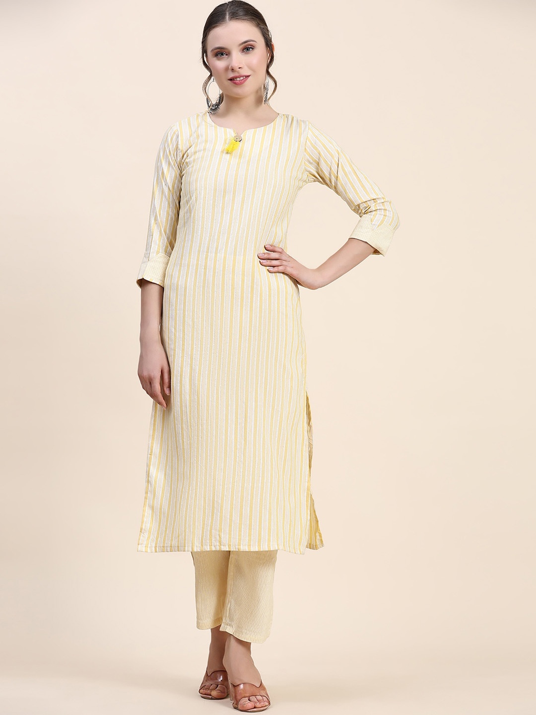 

VISHNU WEAVES Striped Regular Kurta with Trousers, Yellow
