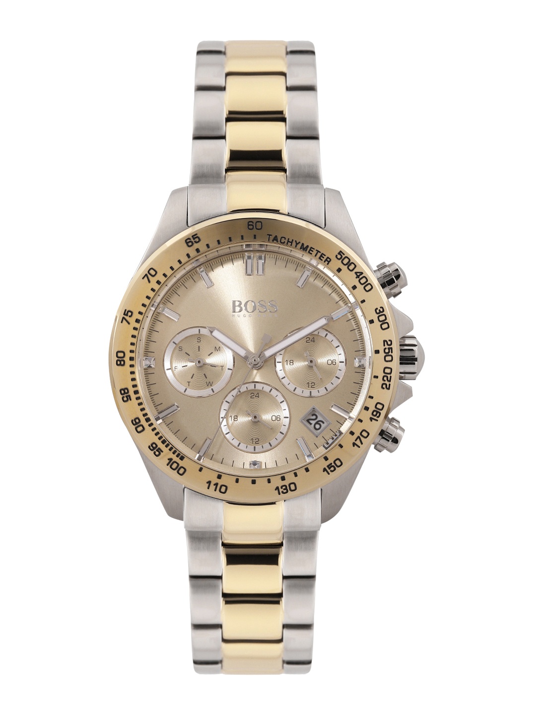 

Hugo Boss Women Novia Embellished Dial & Stainless Steel Tachymeter Analogue Watch 1502618, Gold