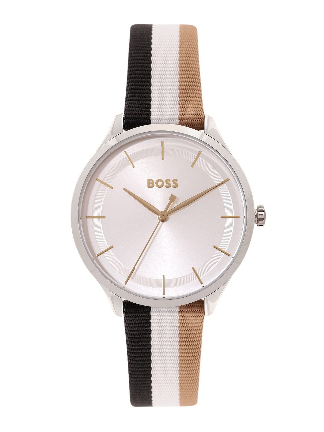 

Hugo Boss Women Pura Solid Dial & Leather Striped Strap Analogue Watch 1502694, Silver