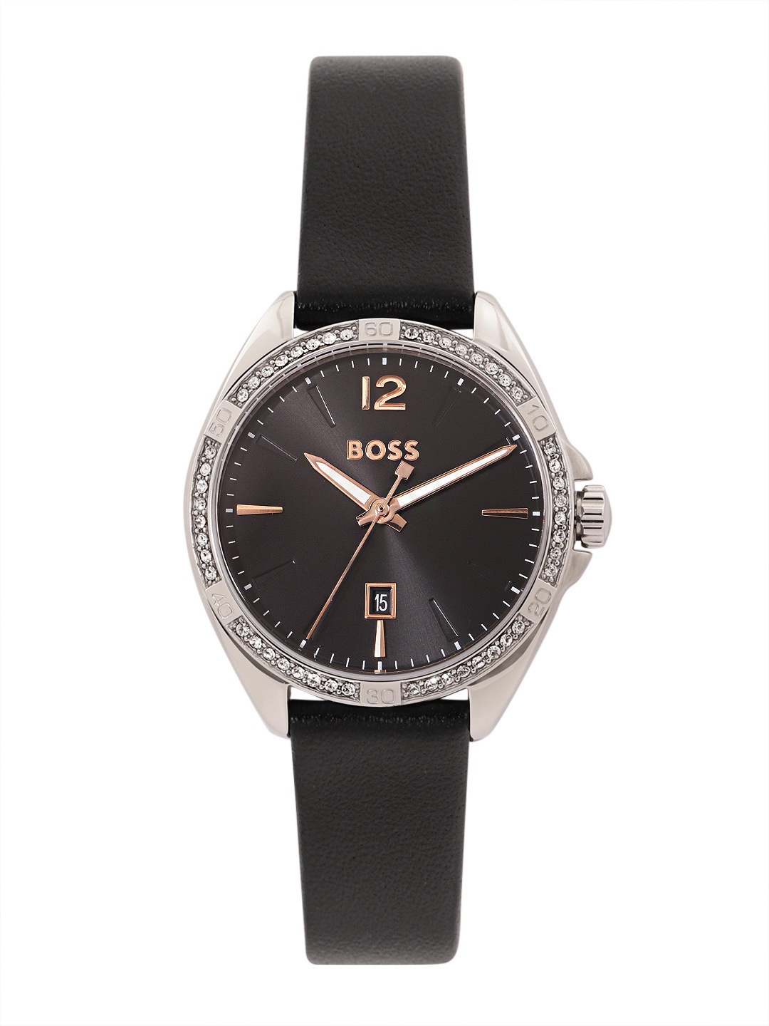 

Hugo Boss Women Felina Embellished Dial & Leather Strap Analogue Watch 1502624, Black