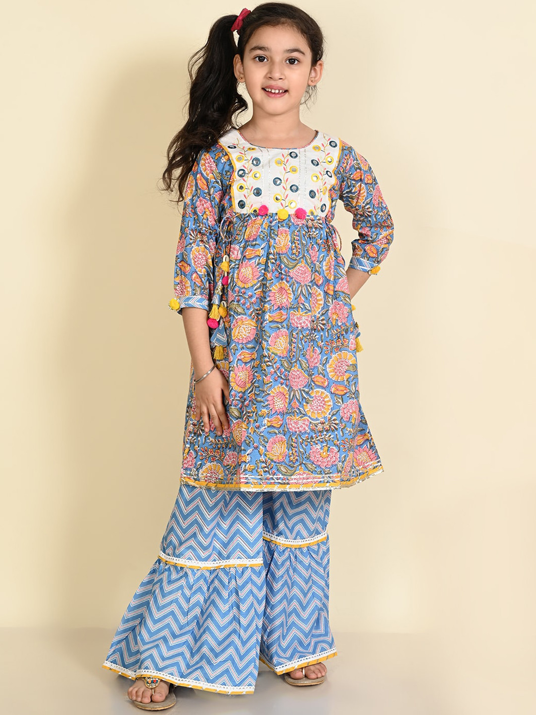

LIL PITAARA Girls Floral Printed Empire Gotta Patti Pure Cotton A-Line Kurta With Sharara, Blue