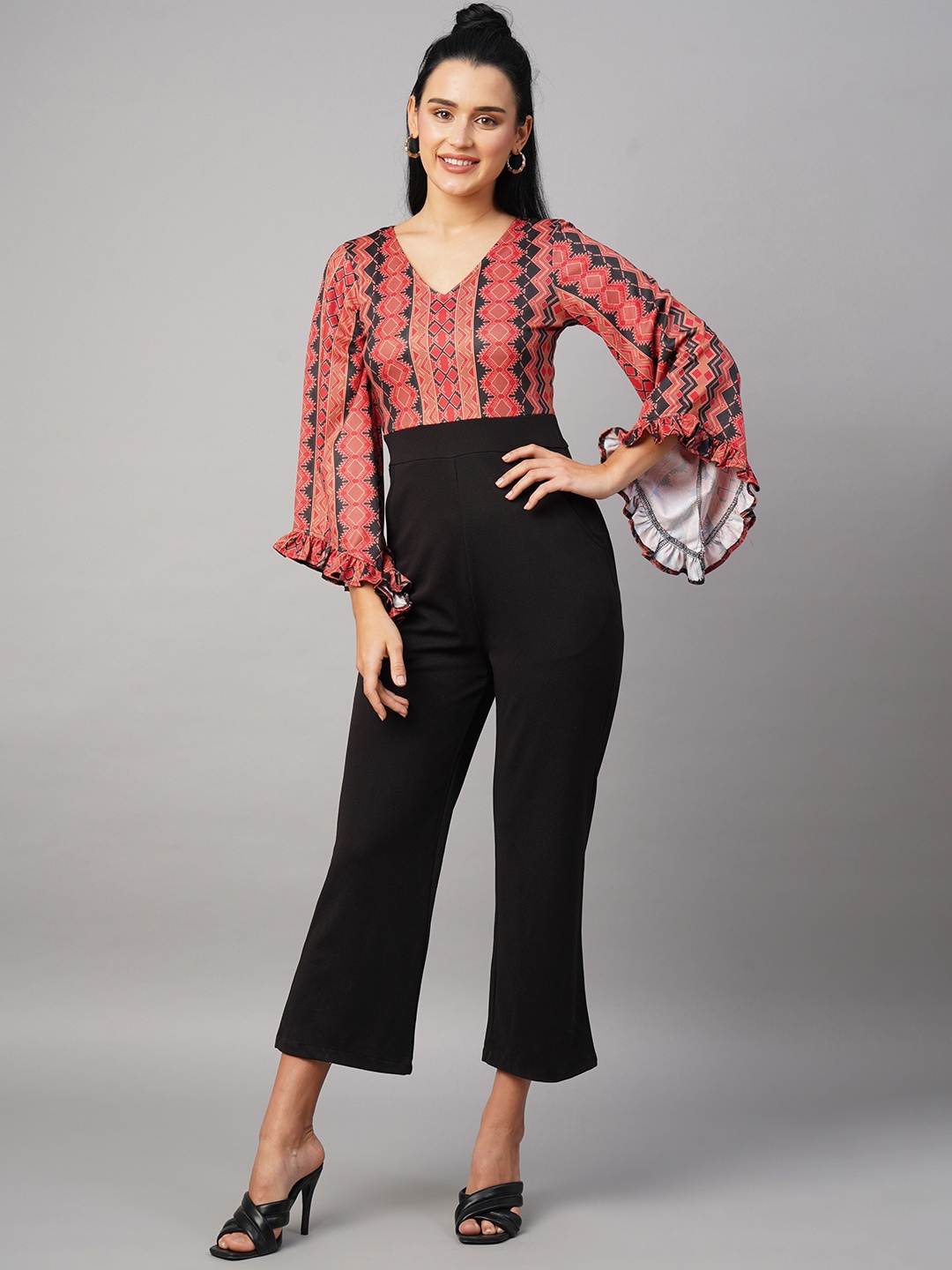 

Ekta Textiles Ethnic Motifs Printed V-Neck Flared Sleeve Jumpsuit, Black
