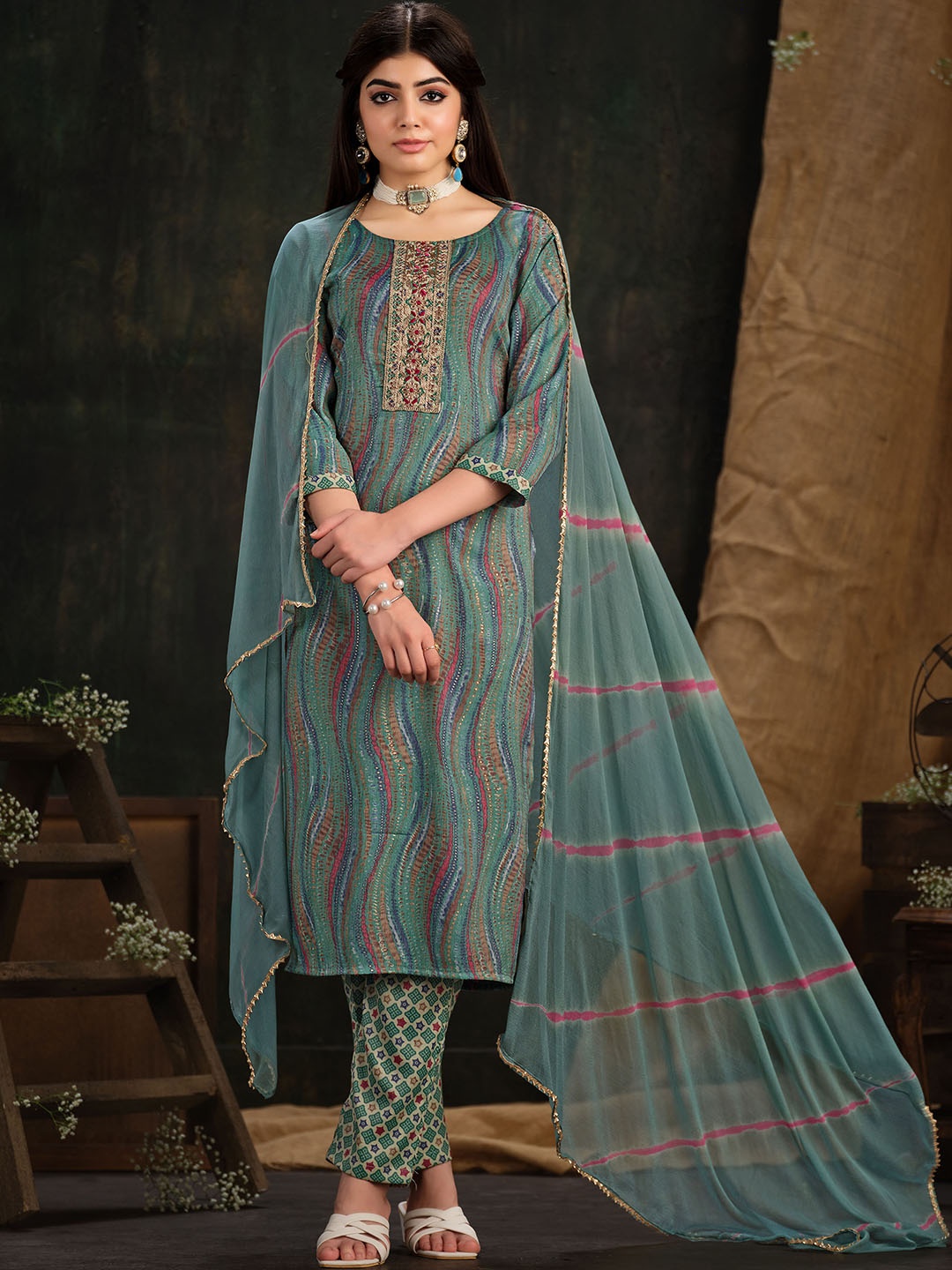 

Sangria Green Yoke Design Embroidered Sequinned Straight Kurta With Trouser & Dupatta