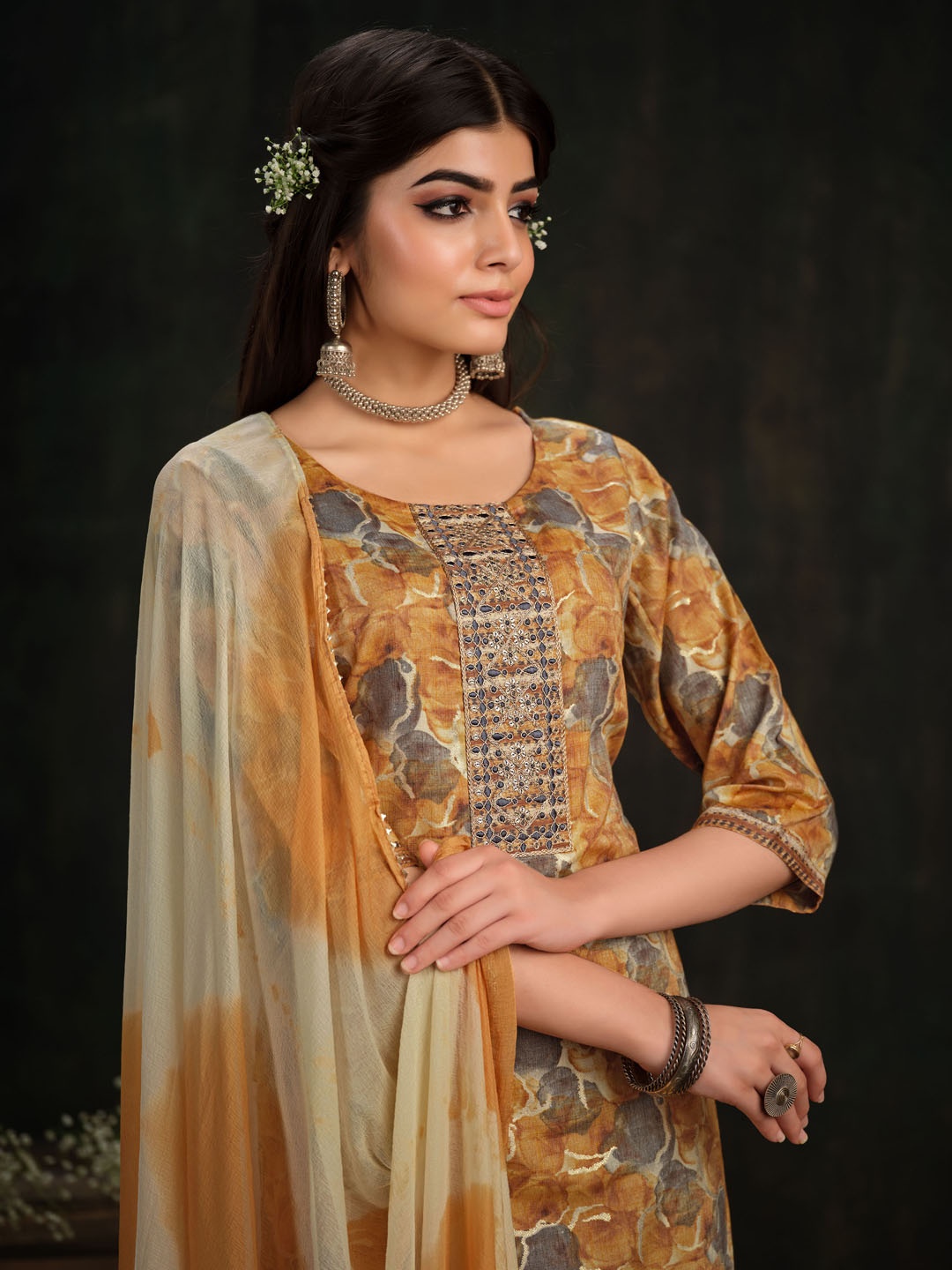 

Sangria Brown Yoke Design Embroidered Sequinned Straight Kurta With Trouser & Dupatta