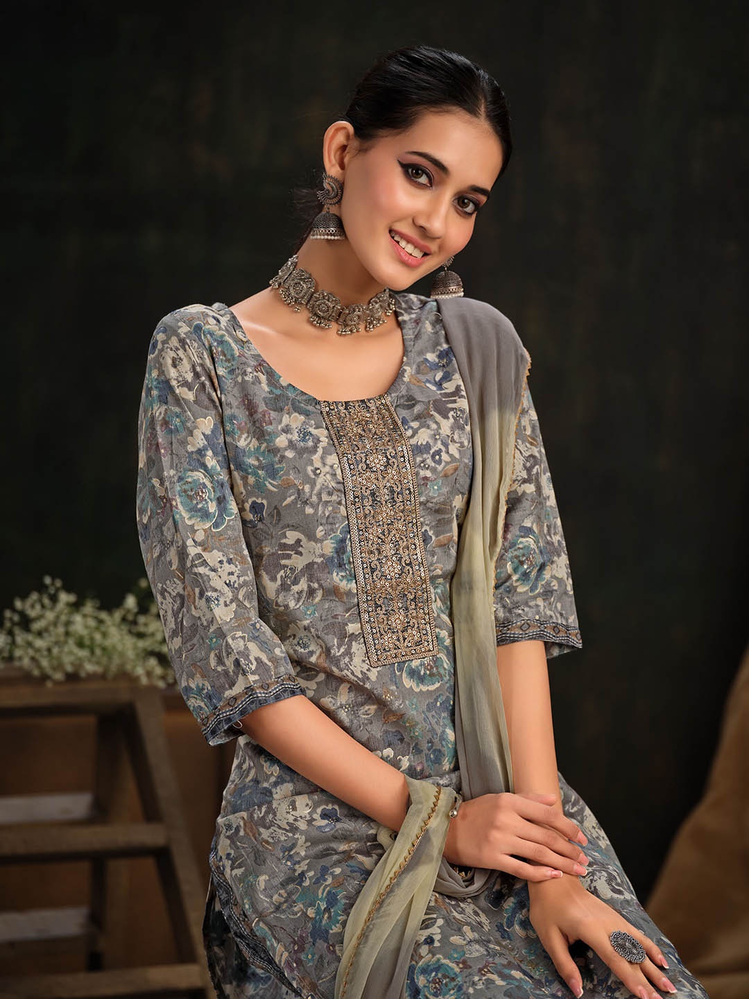 

Sangria Grey Yoke Design Embroidered Sequinned Straight Kurta With Trouser & Dupatta