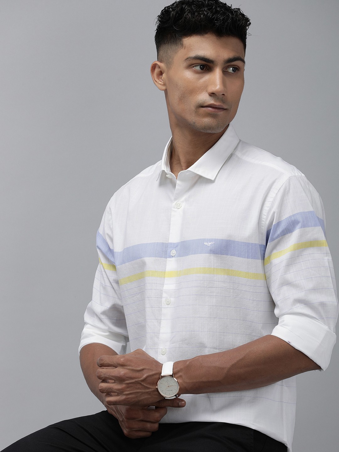 

Park Avenue Pure Cotton Slim Fit Horizontal Striped Casual Shirt, White