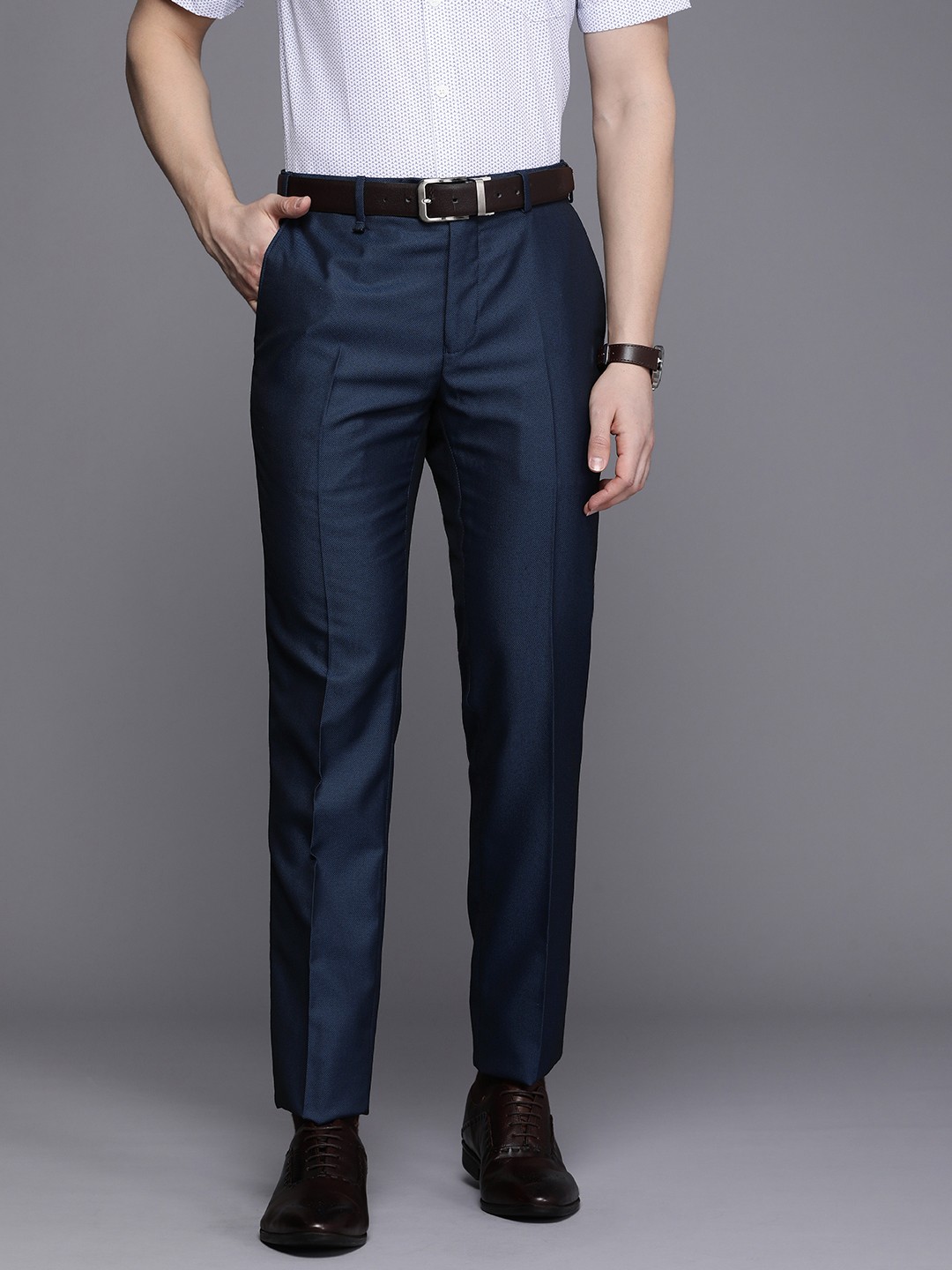 

Raymond Men Textured Slim Fit Formal Trousers, Navy blue