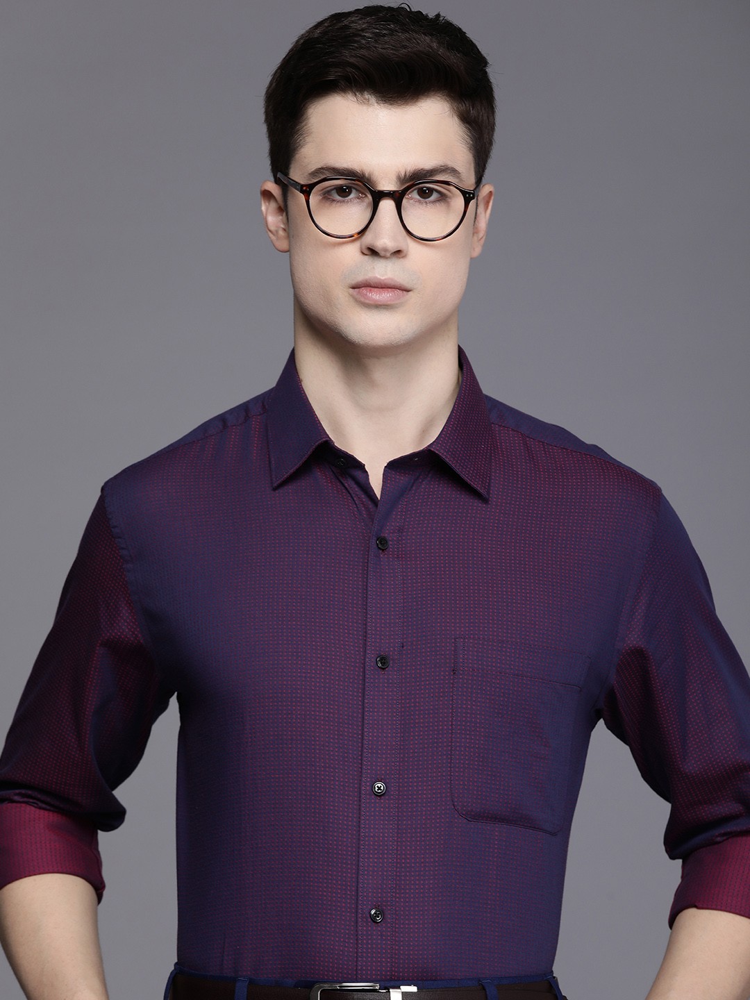 

Raymond Pure Cotton Slim Fit Cutaway Collar Full Sleeves Self Design Formal Shirt, Purple