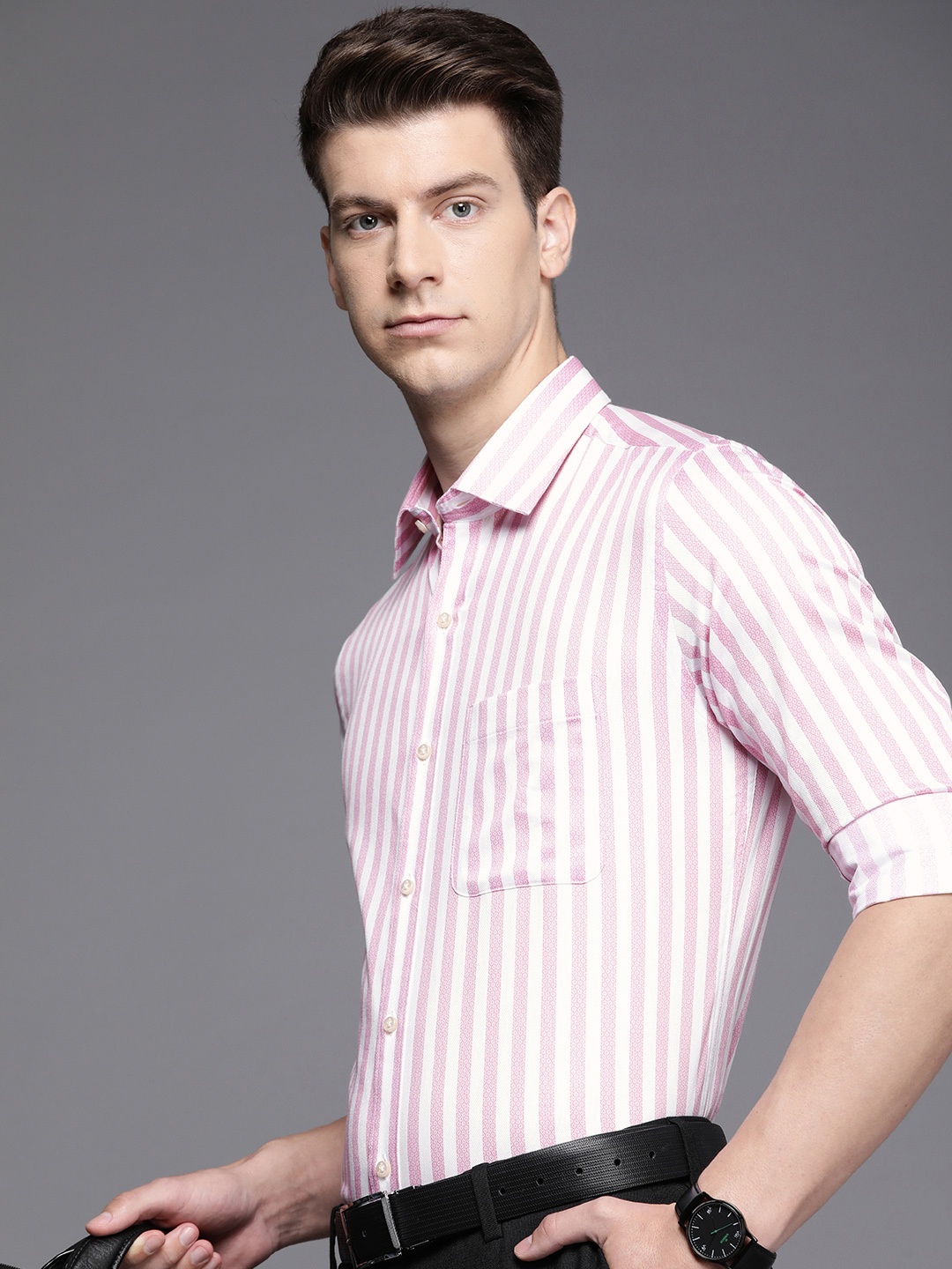 

Raymond Pure Cotton Slim Fit Striped Formal Shirt, Pink