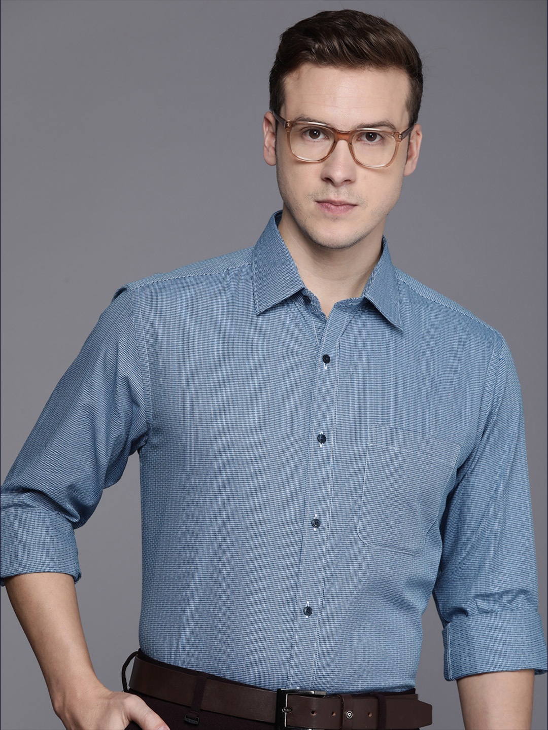 

Raymond Pure Cotton Self Design Textured Slim Fit Formal Shirt, Blue