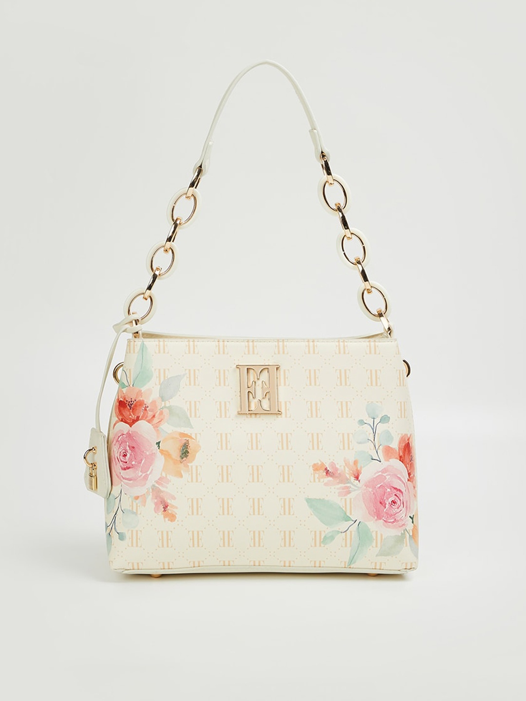 

ELLE Floral Printed Structured Sling Bag, Beige