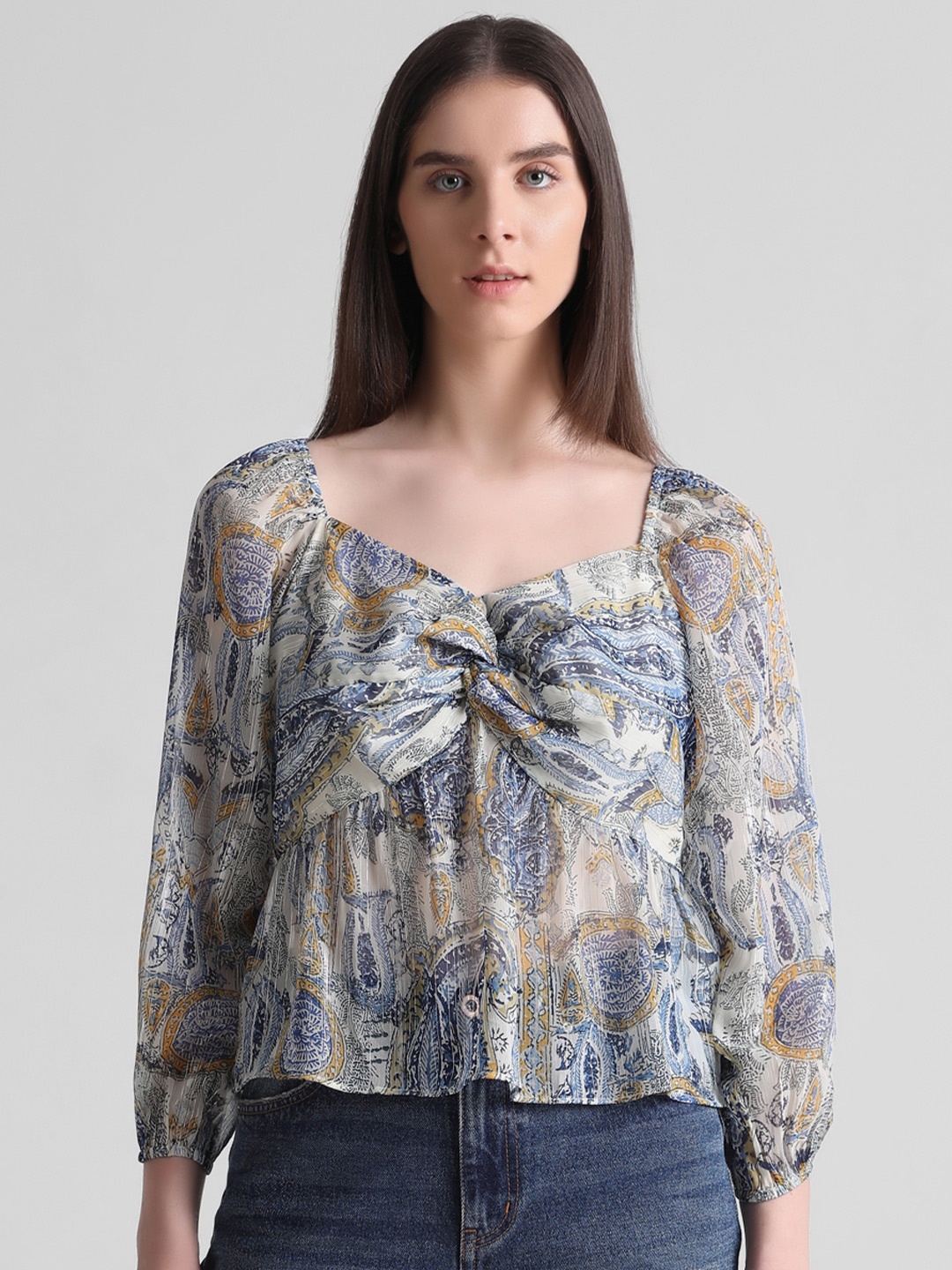 

ONLY Ethnic Motifs Printed Sweetheart Neck Twisted Bishop Sleeves Top, Blue