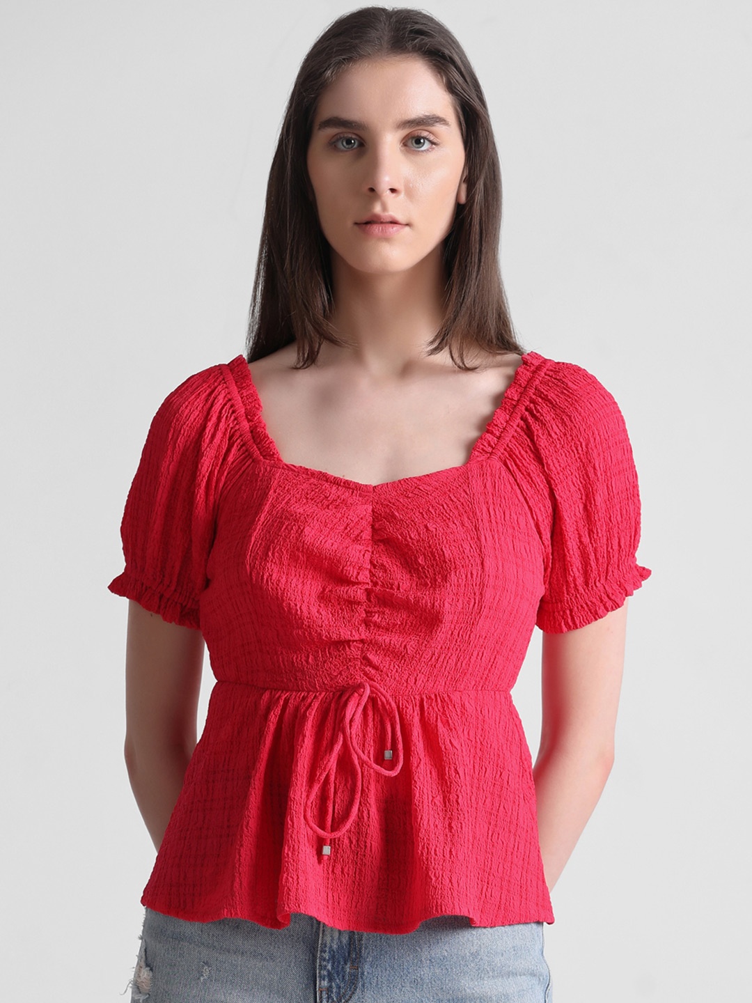 

ONLY Self Design Sweetheart Neck Puff Sleeve A-Line Top, Red