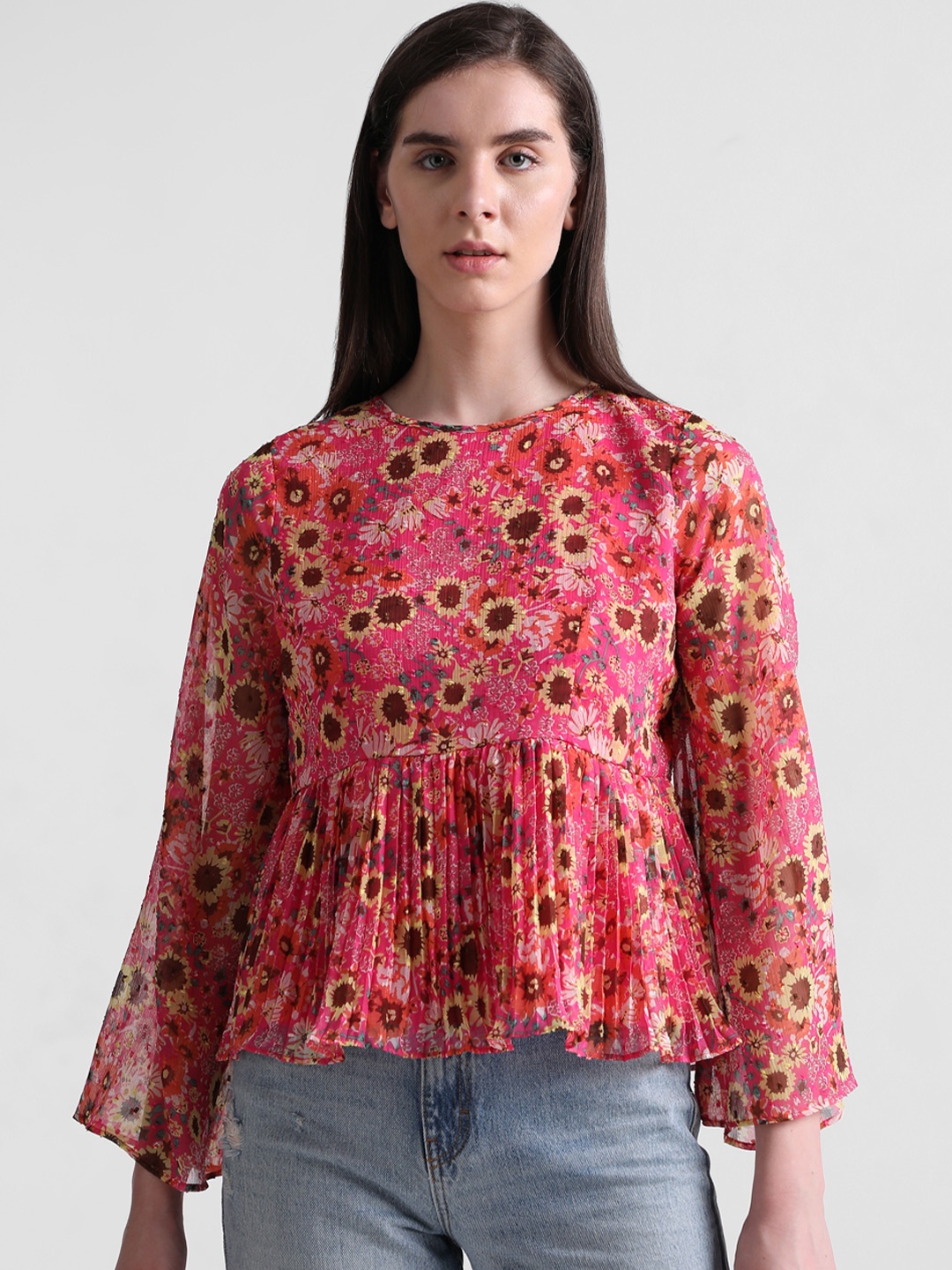 ONLY Floral Printed Pleated A-Line Top, Red