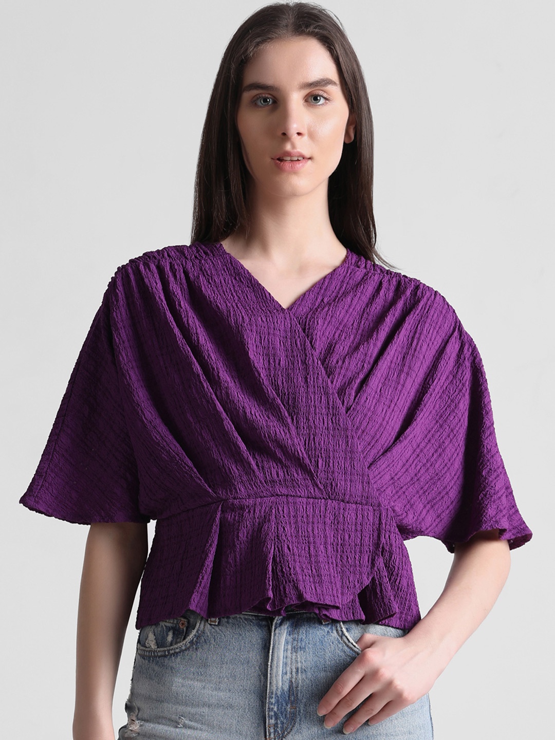 

ONLY Self Design Gathers Batwing Sleeve Wrap Top, Purple