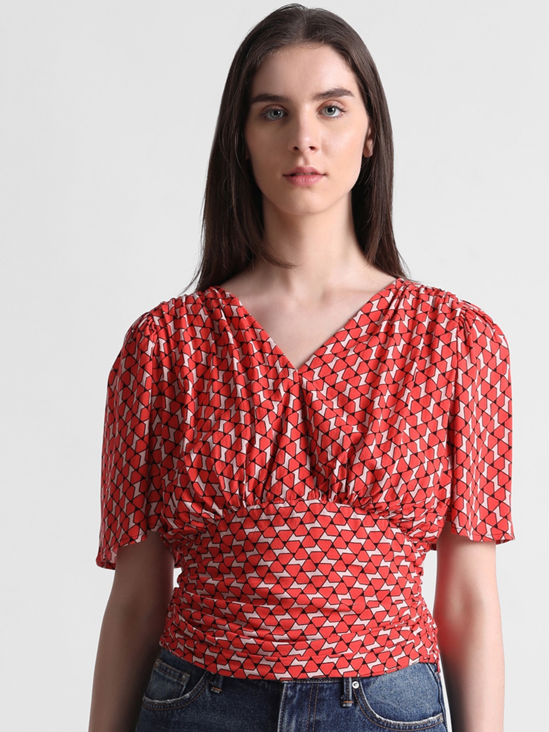 

ONLY Geometric Printed V- Neck Flared Sleeves Cinched Waist Top, Red