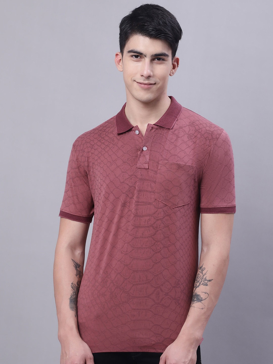 

VENITIAN Abstract Printed Polo Collar Slim Fit T-Shirt, Maroon