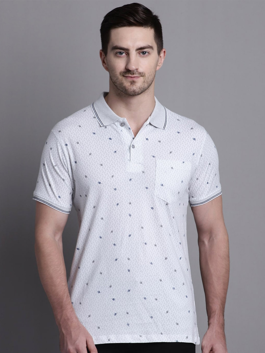 

VENITIAN Printed Polo Collar Slim Fit Cotton T-Shirt, Grey