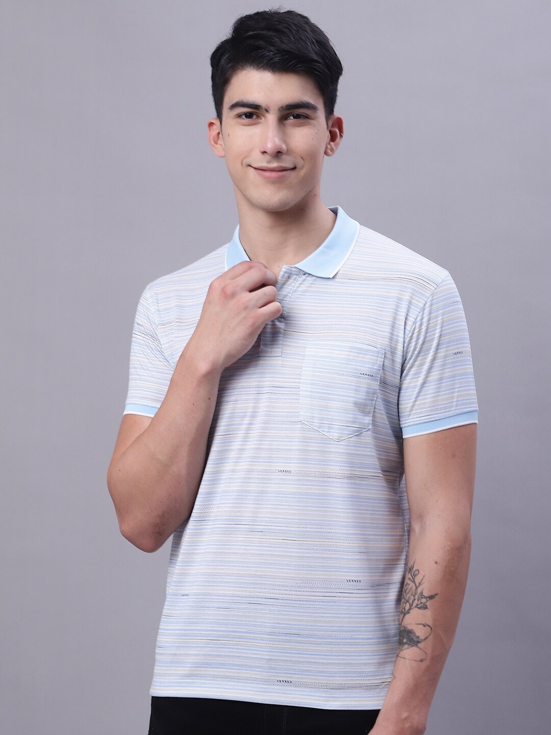 

VENITIAN Striped Polo Collar Slim Fit T-Shirt, Blue
