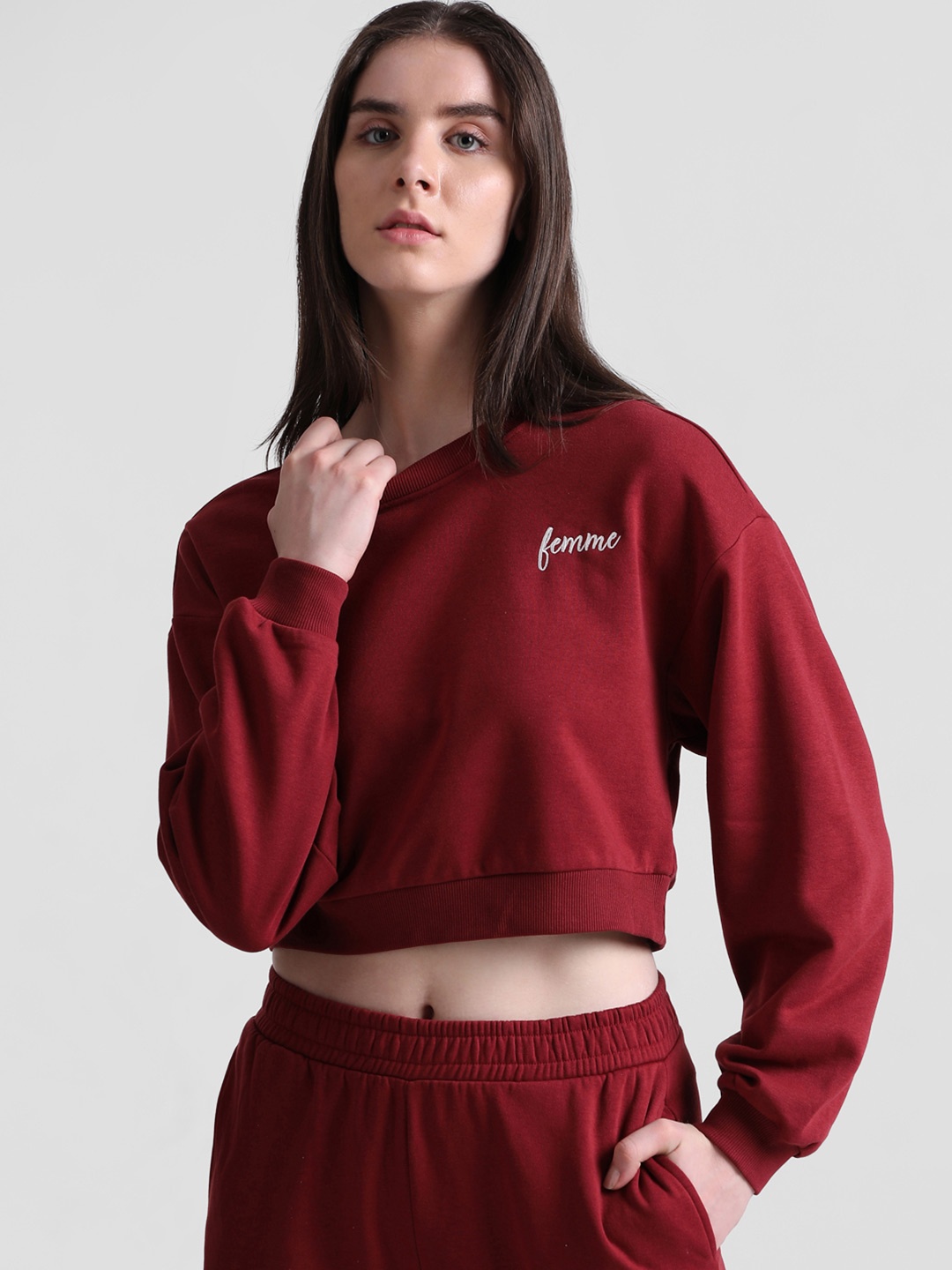 

ONLY Crop Ribbed Sweatshirt, Maroon