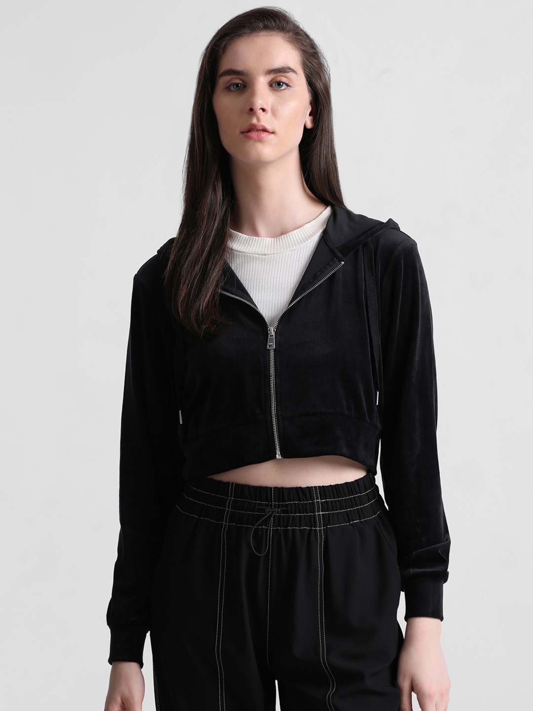 

ONLY Hooded Crop Front-Open Sweatshirt, Black