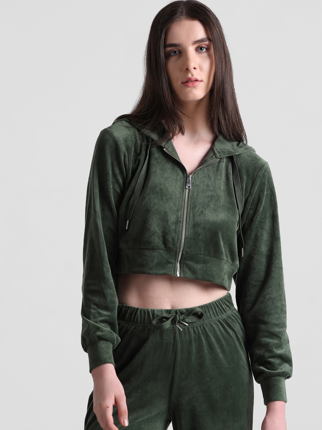 

ONLY Hooded Crop Front-Open Sweatshirt, Green