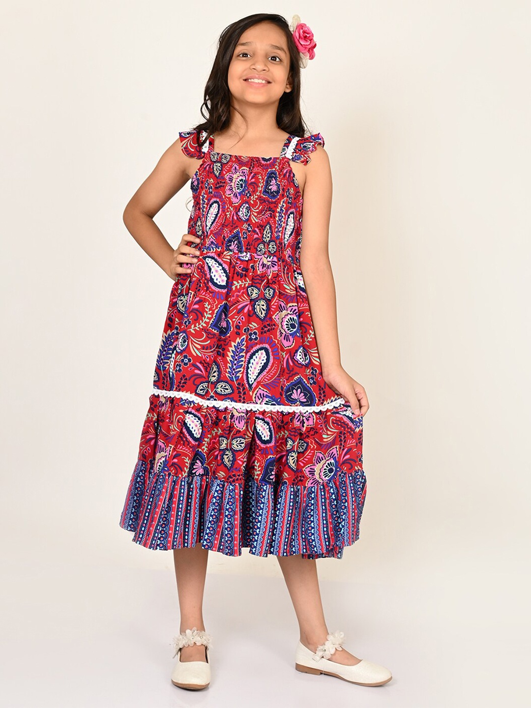 

LIL DRAMA Girls Ethnic Motifs Printed Shoulder Strap Smocked Fit & Flare Midi Dress, Red