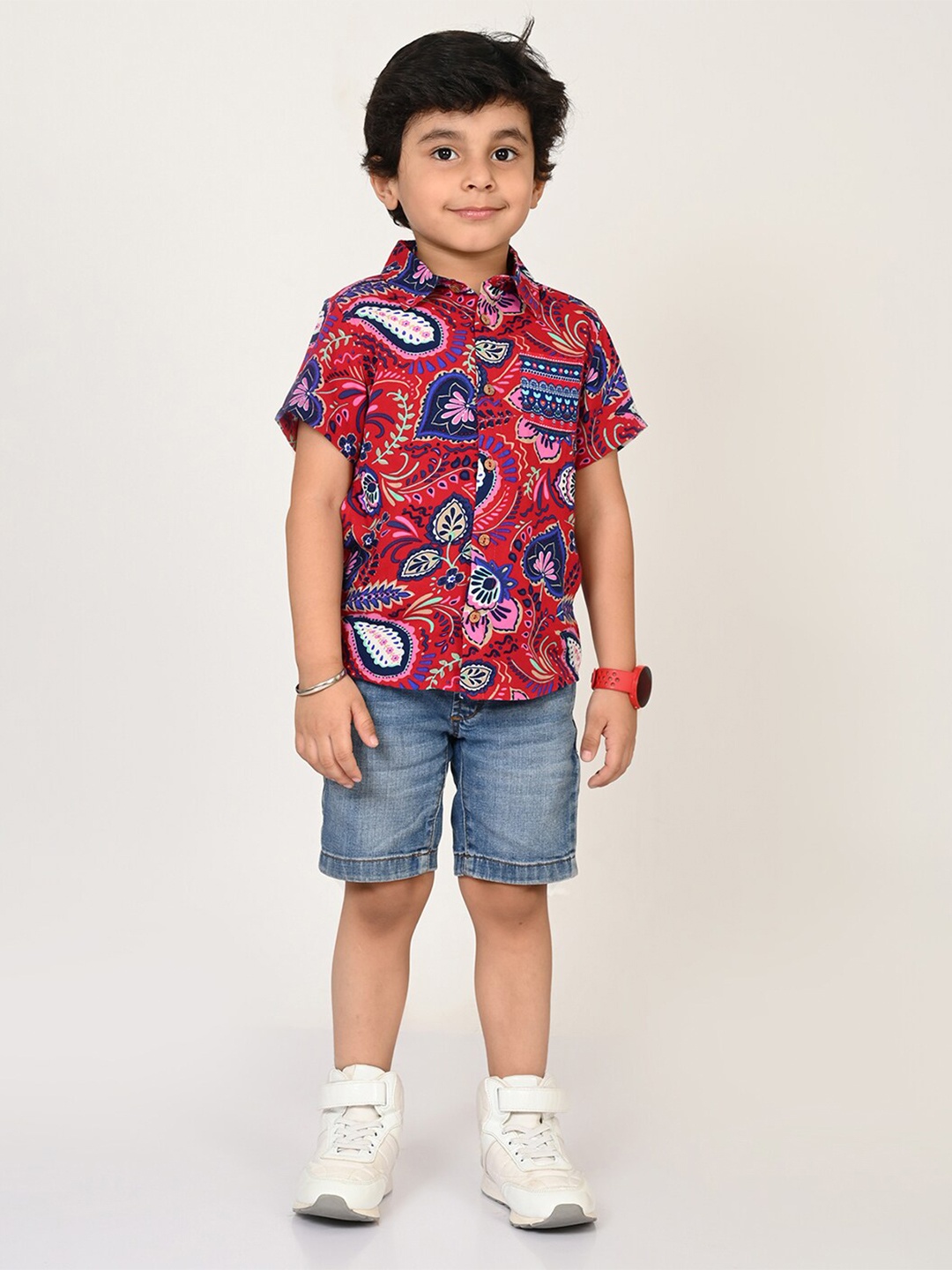 

LIL DRAMA Boys Standard Ethnic Motifs Opaque Printed Casual Shirt, Red