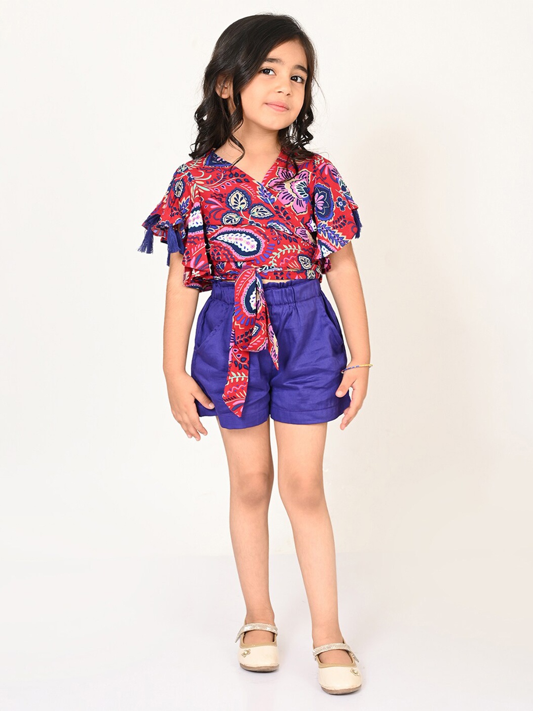 

LIL DRAMA Girls Printed V-Neck Top with Shorts, Purple