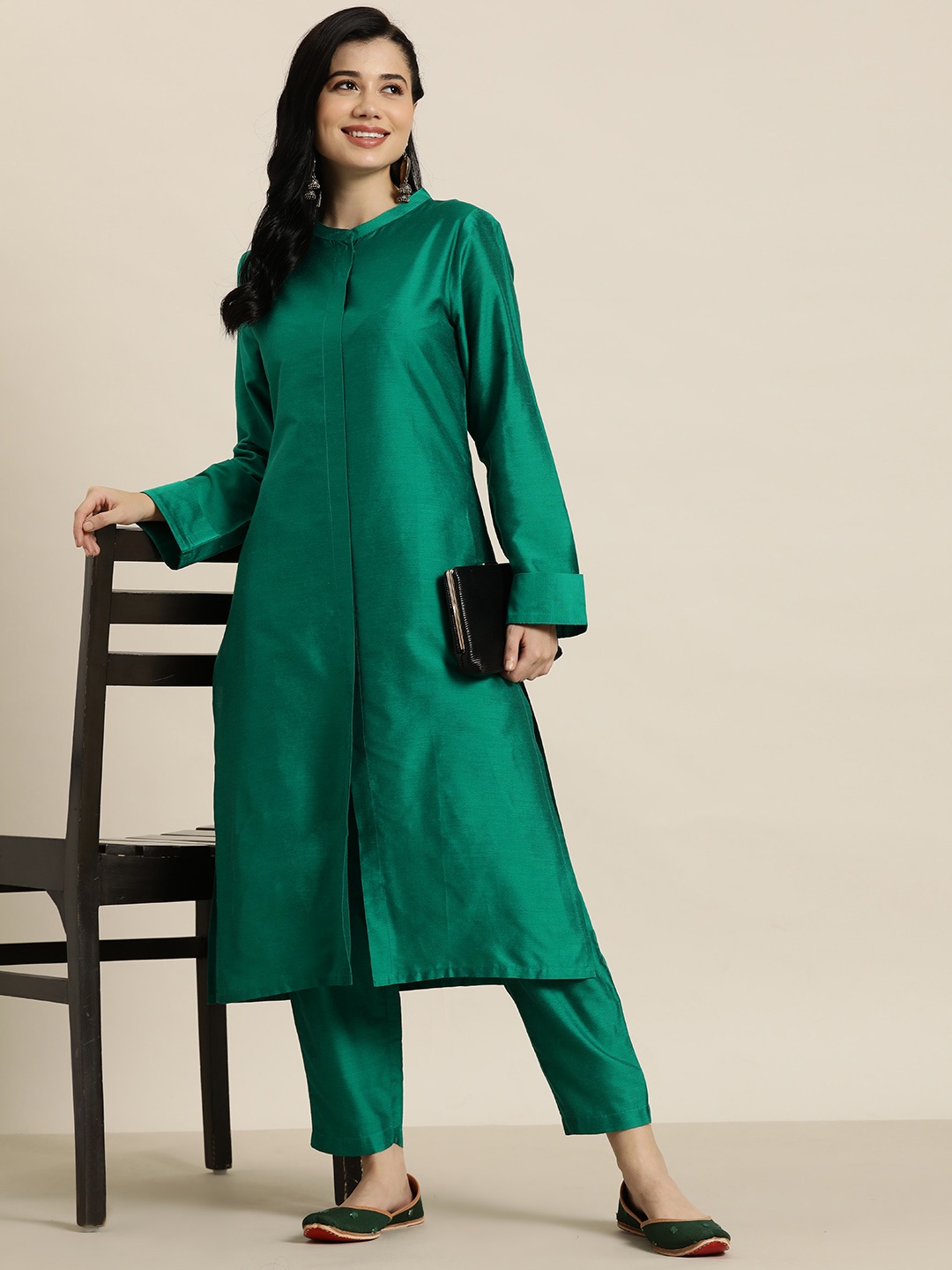 

HERE&NOW Women Band Collar Kurta with Trousers, Green