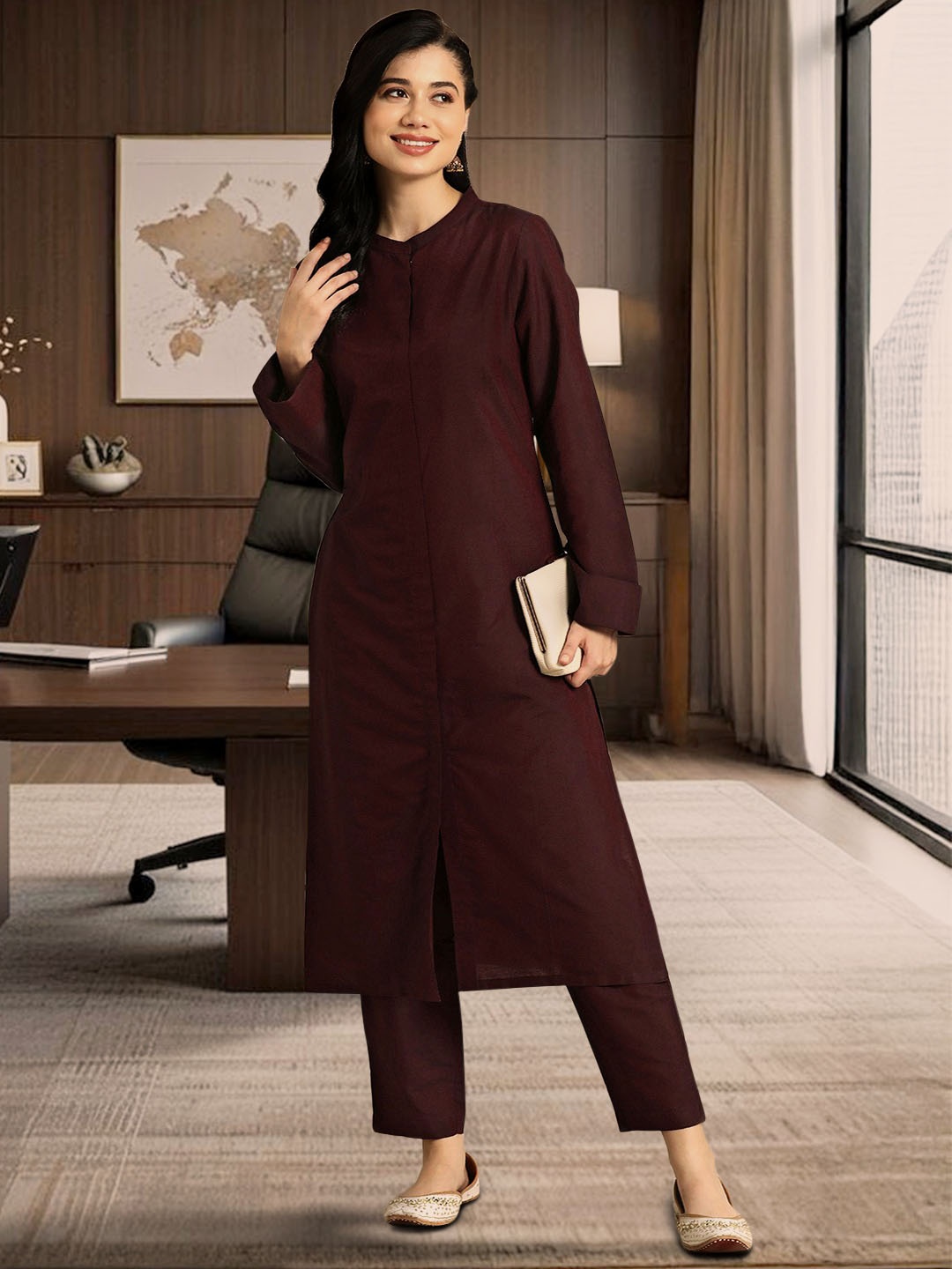

HERE&NOW Women Band Collar Kurta with Trousers, Coffee brown